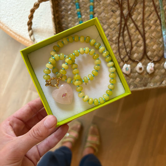 Chartreuse stone necklace with pink heart charm