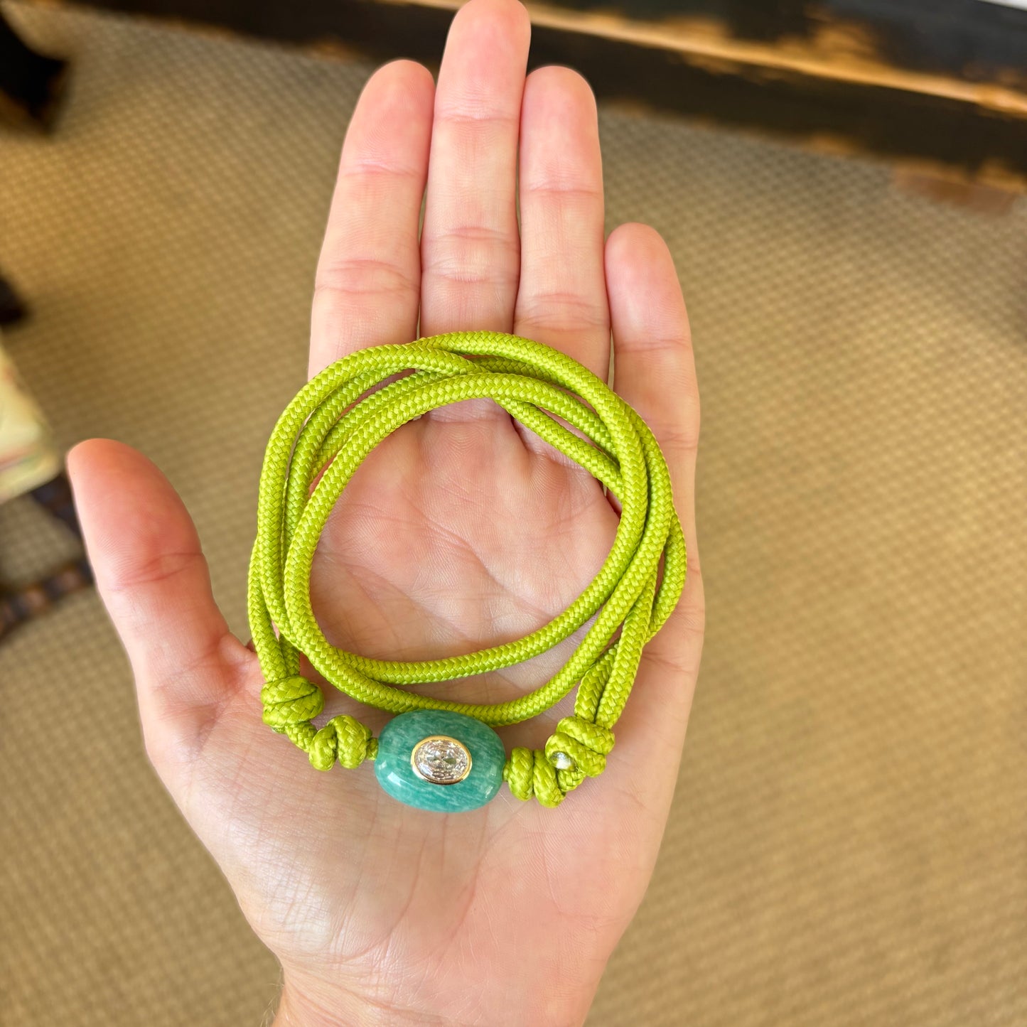 Green cord necklace with blue Amazonite stone