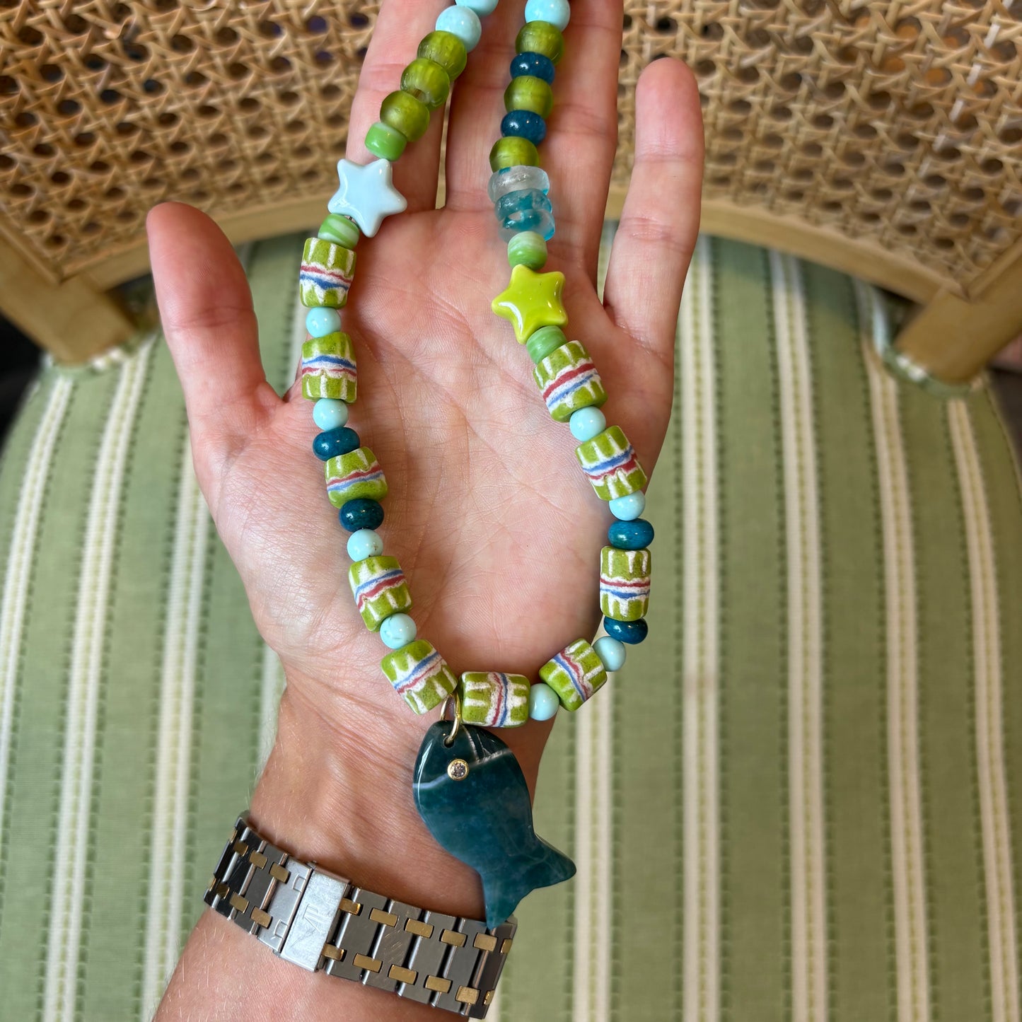 Margaret fish necklace green and navy