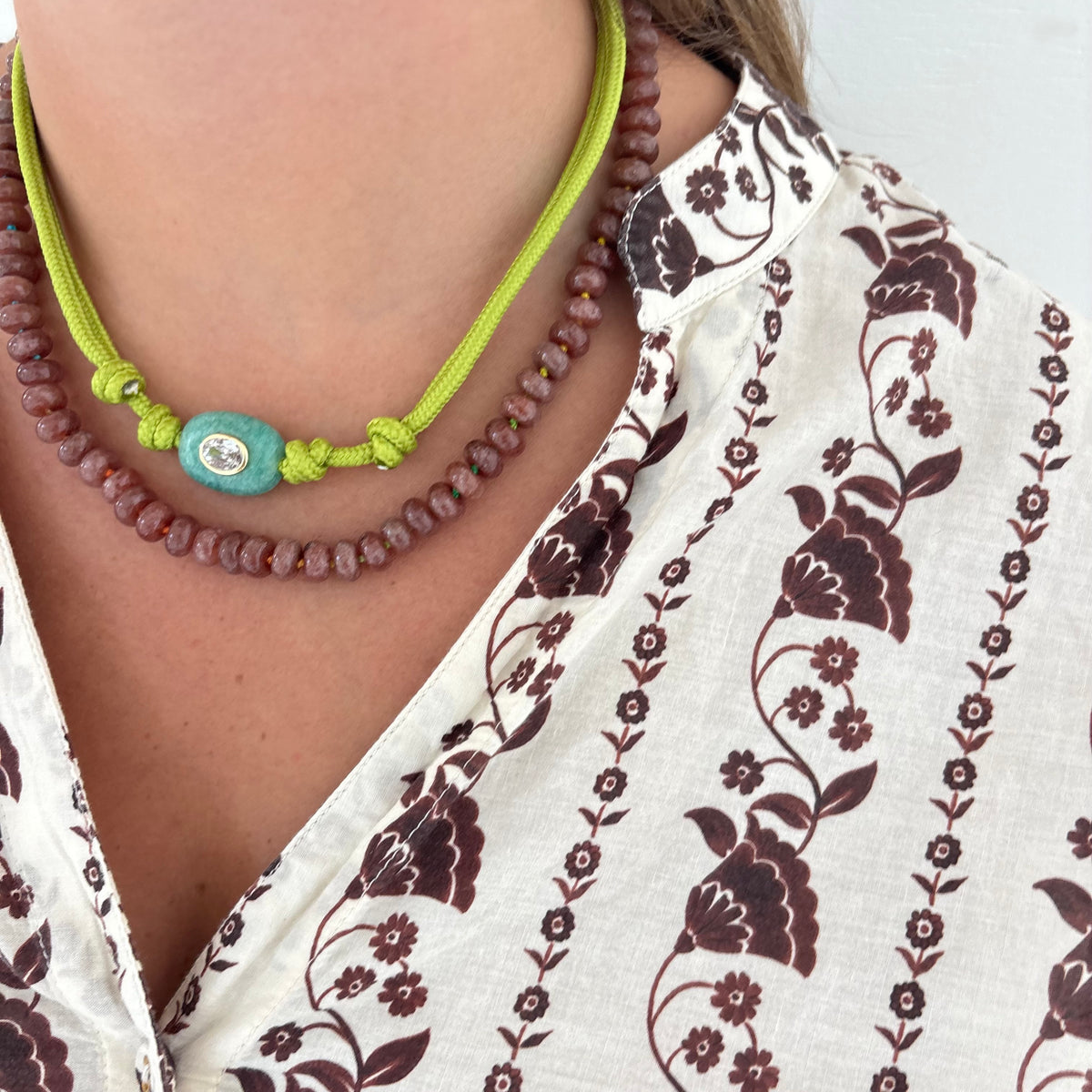 Chartreuse cord necklace with blue Amazonite stone