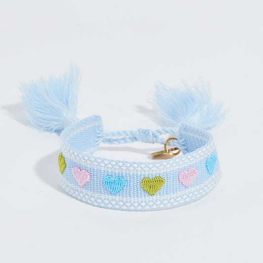 Blue heart embroidered tassel bracelet