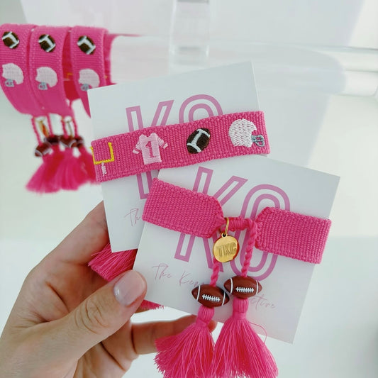 Game day charm embroidered tassel bracelet with football charms