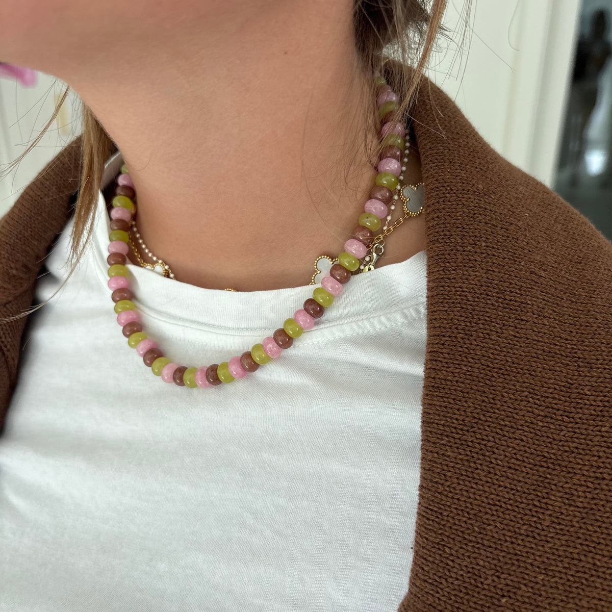 Bennet brown pink and chartreuse necklace