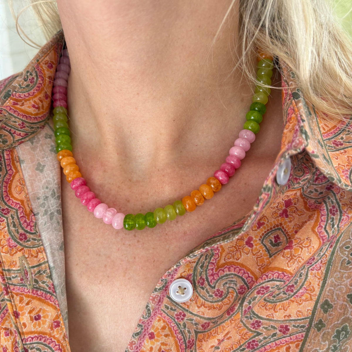 Orange green and pink stone necklace