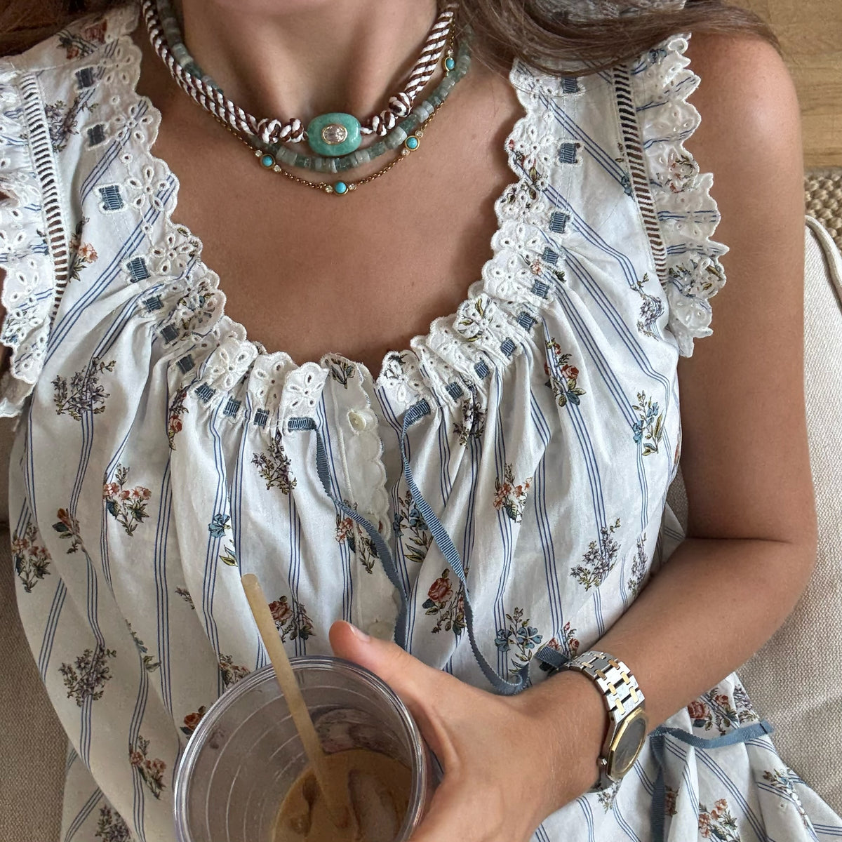 Brown stripe cord necklace with blue Amazonite stone