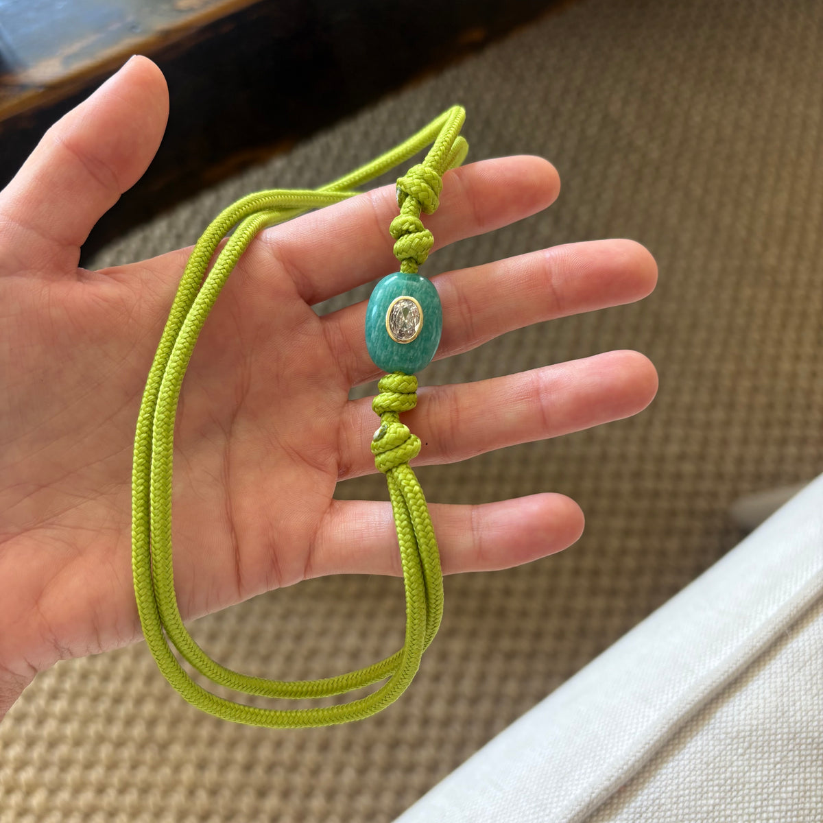 Chartreuse cord necklace with blue Amazonite stone
