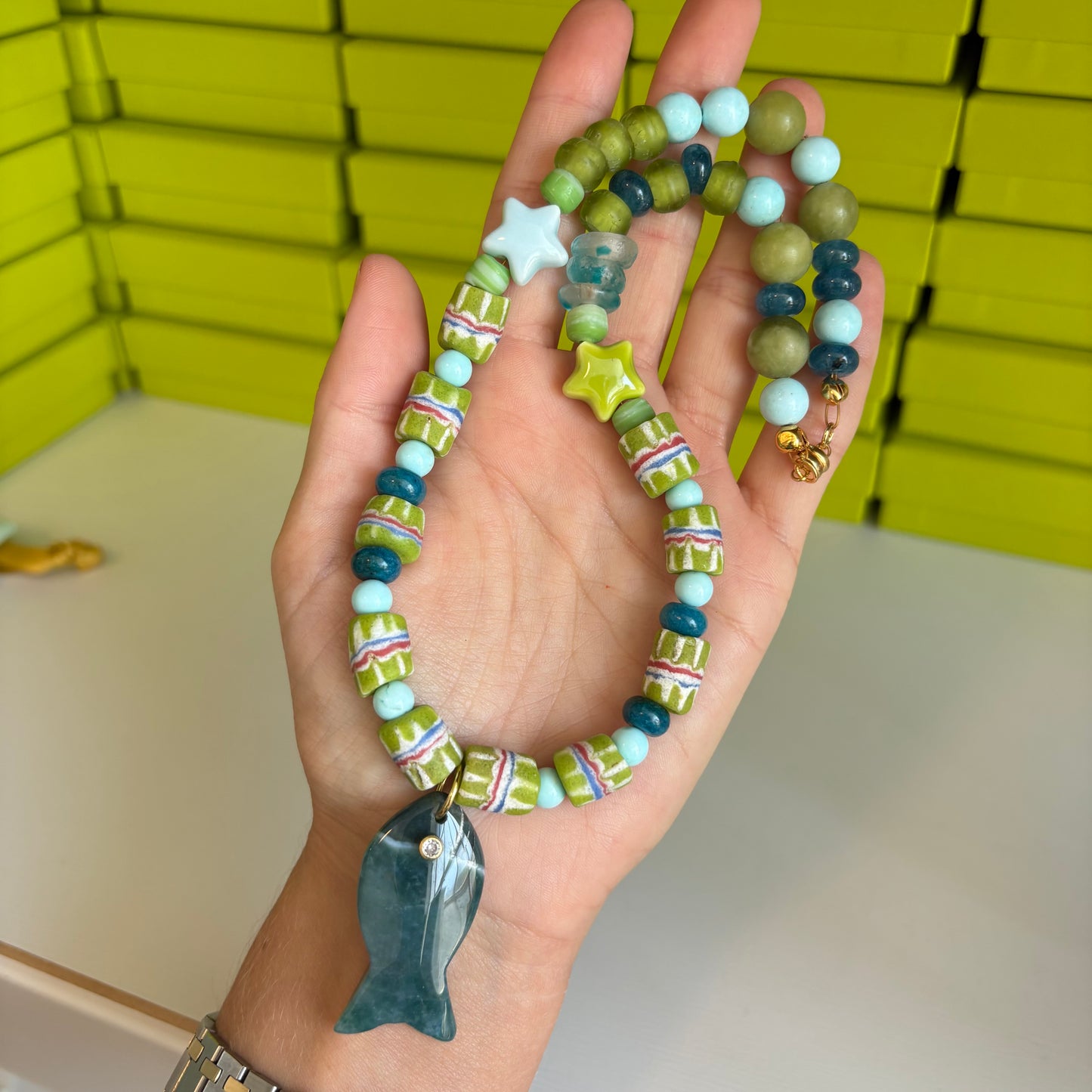 Margaret fish necklace green and navy