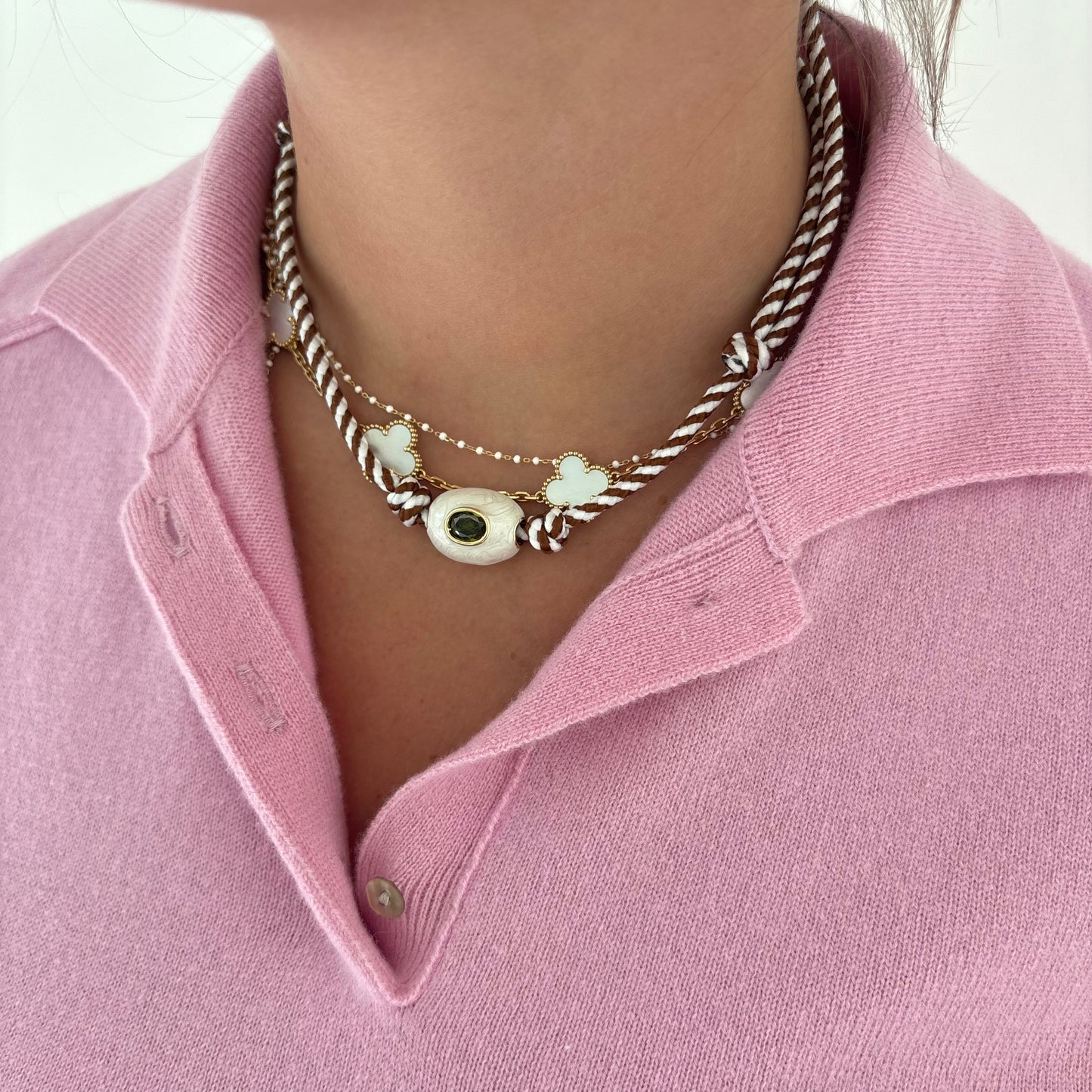 Brown striped cord necklace with white stone - sold out - this is a preorder ships Aug 28