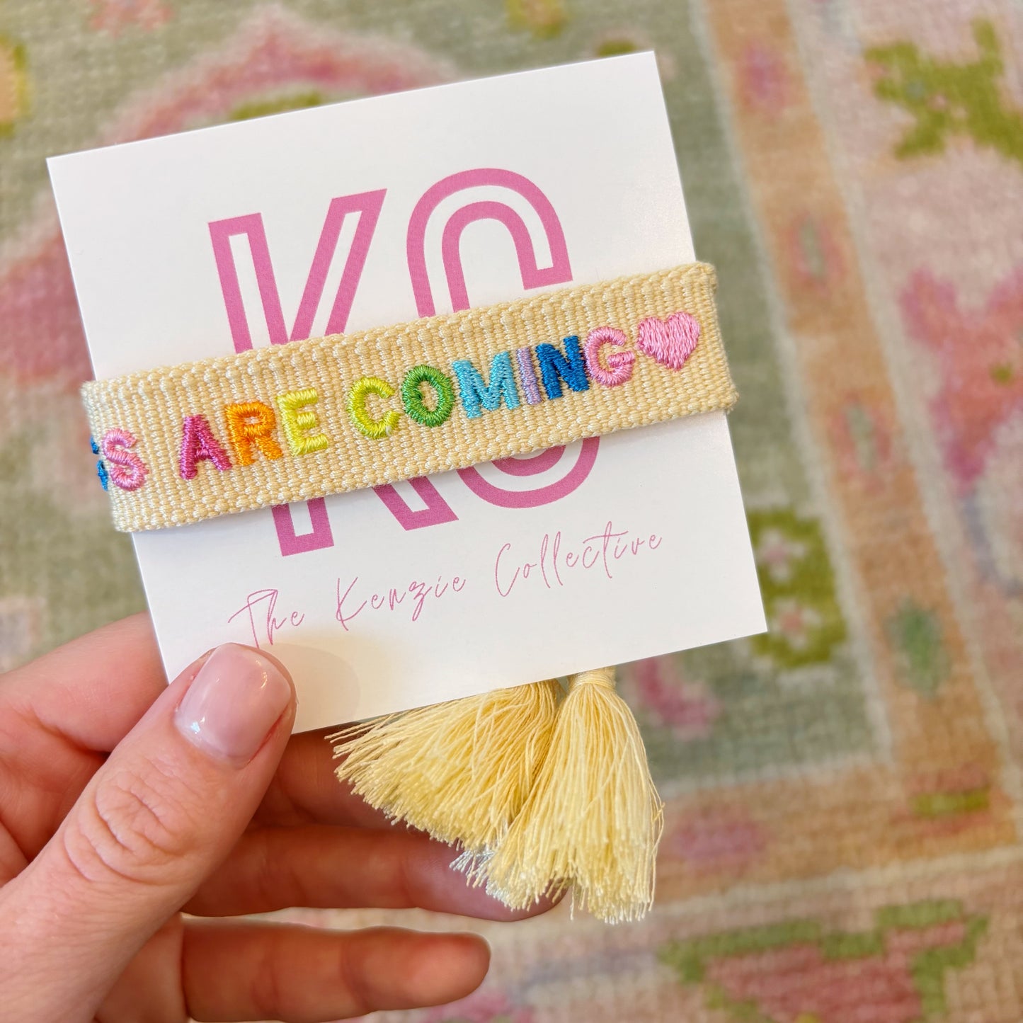 Good things are coming embroidered tassel bracelet