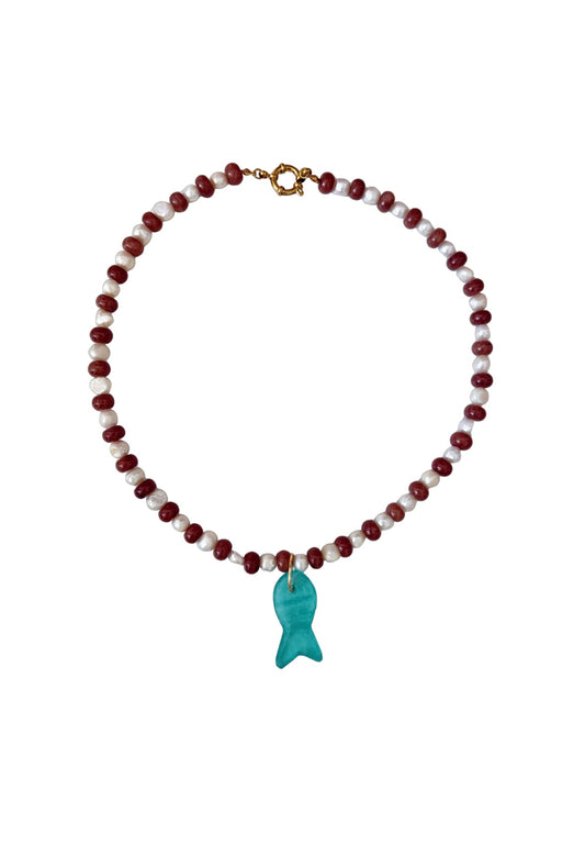 Rosemary pearl necklace with sea glass fish charm