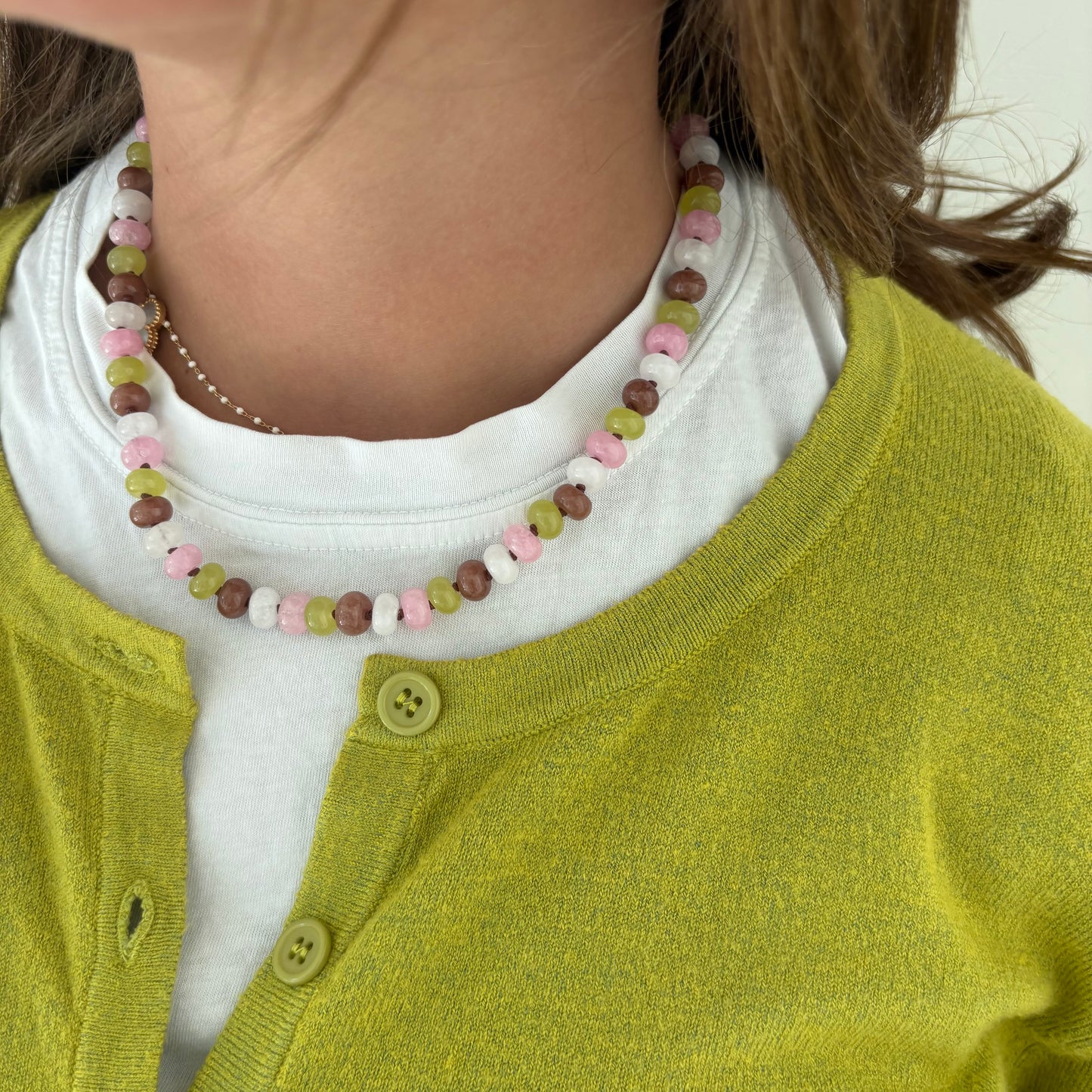Celia hand knotted necklace chartreuse brown and pink stones