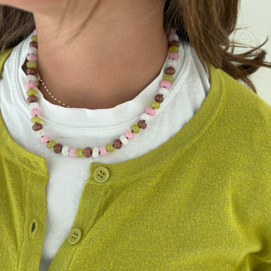 Celia hand knotted necklace chartreuse brown and pink stones