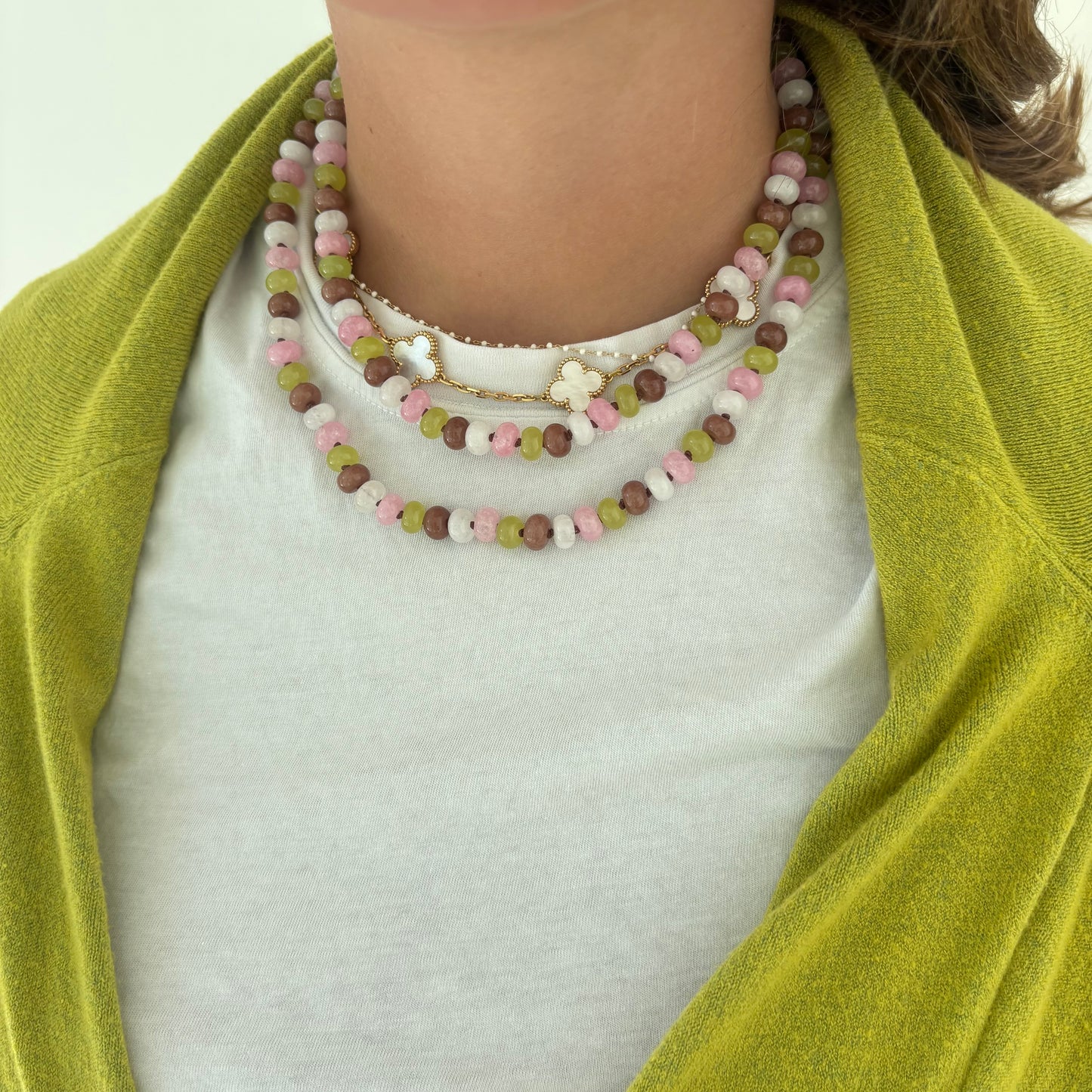 Celia hand knotted necklace chartreuse brown and pink stones