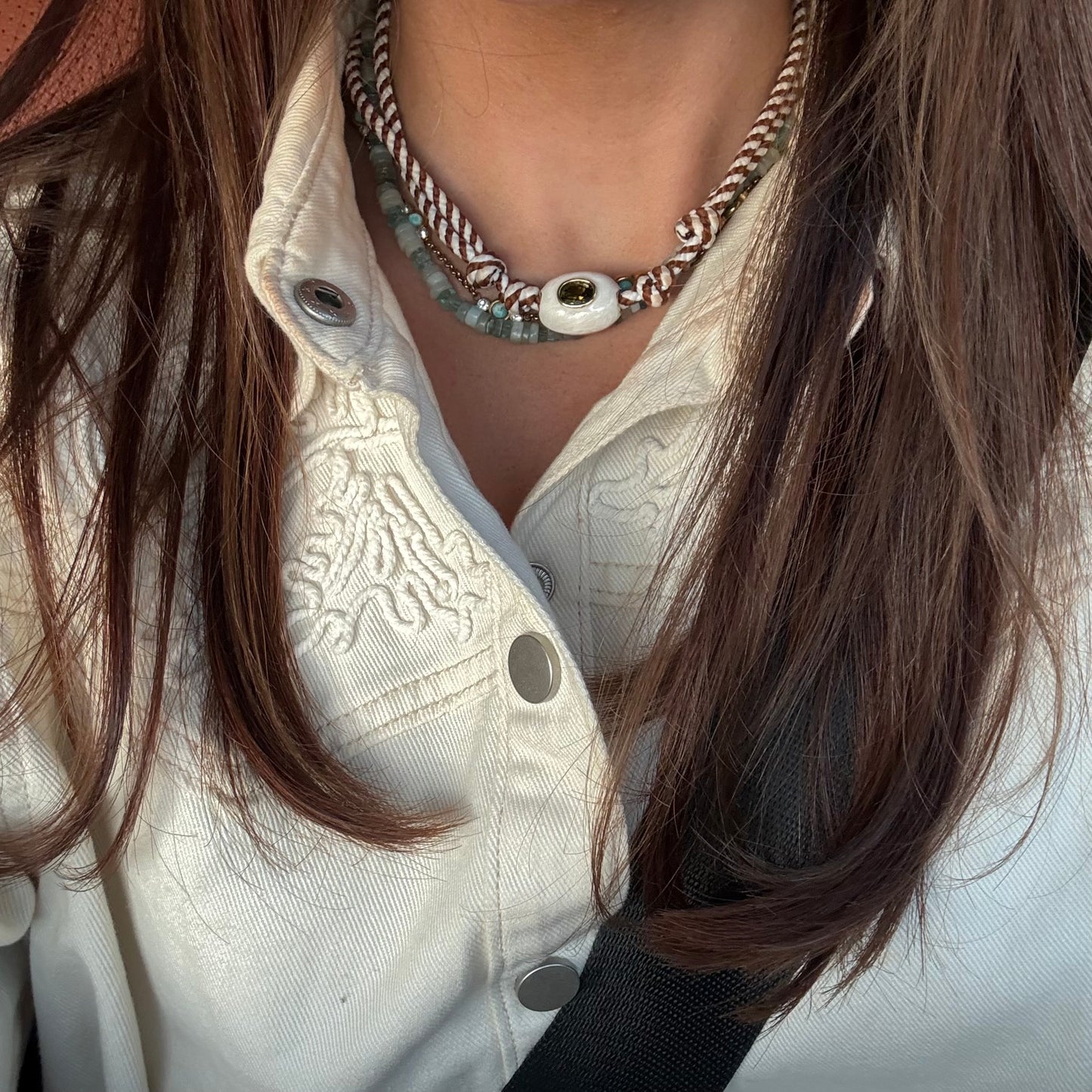 Brown striped cord necklace with white stone - sold out - this is a preorder ships Aug 28