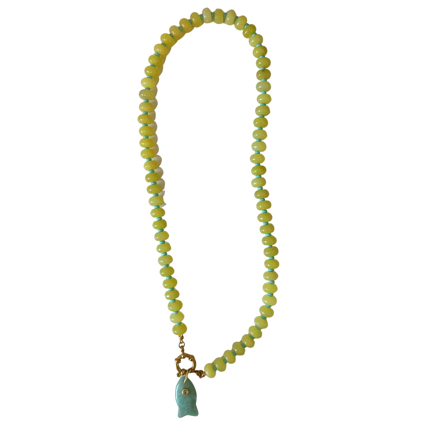 Lele beaded fish necklace chartreuse stones ships JULY 15