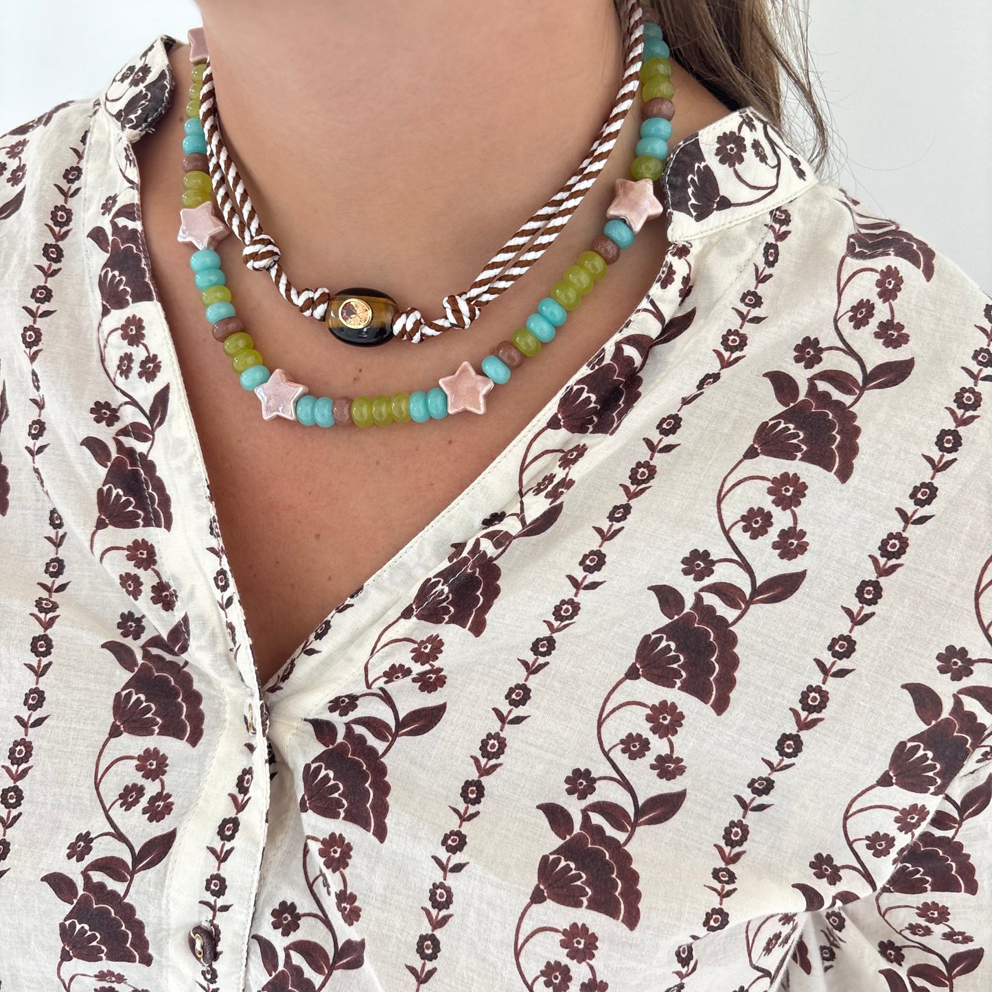 Brown stripe cord necklace with natural brown stone