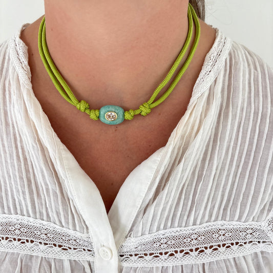 Chartreuse cord necklace with blue Amazonite stone
