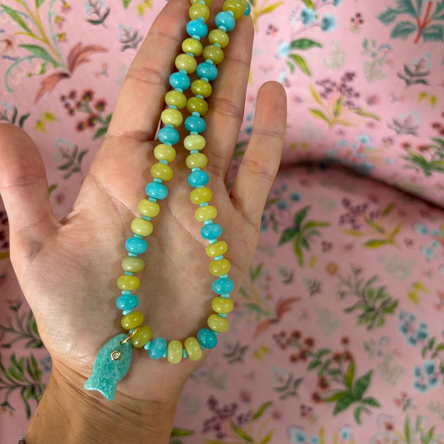 Lala fish necklace chartrteuse and blue