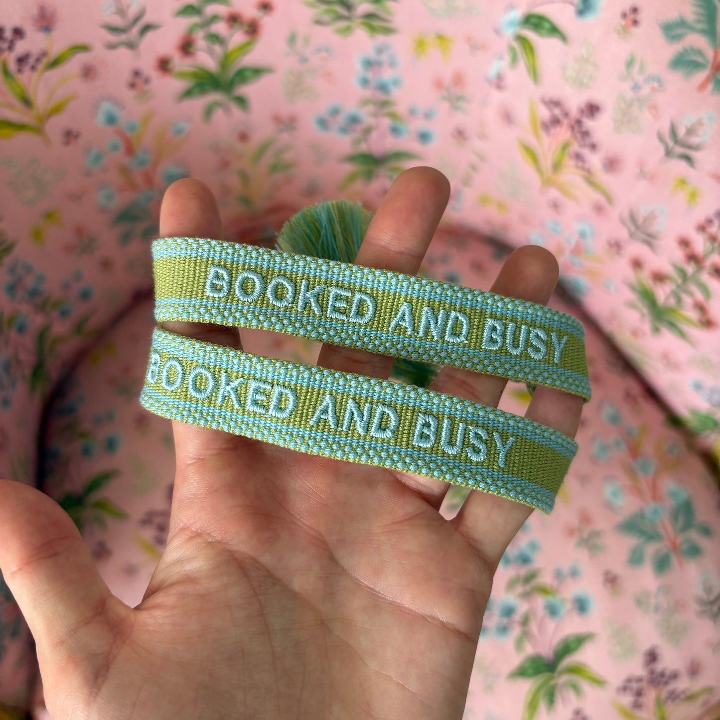 Booked and busy embroidered tassel bracelet green and blue