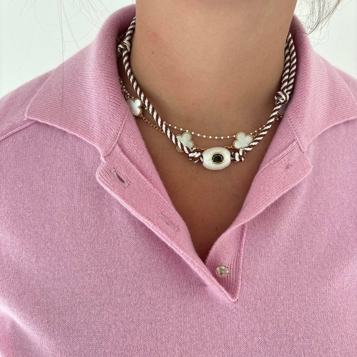 Brown striped cord necklace with white stone - sold out - this is a preorder ships Aug 28