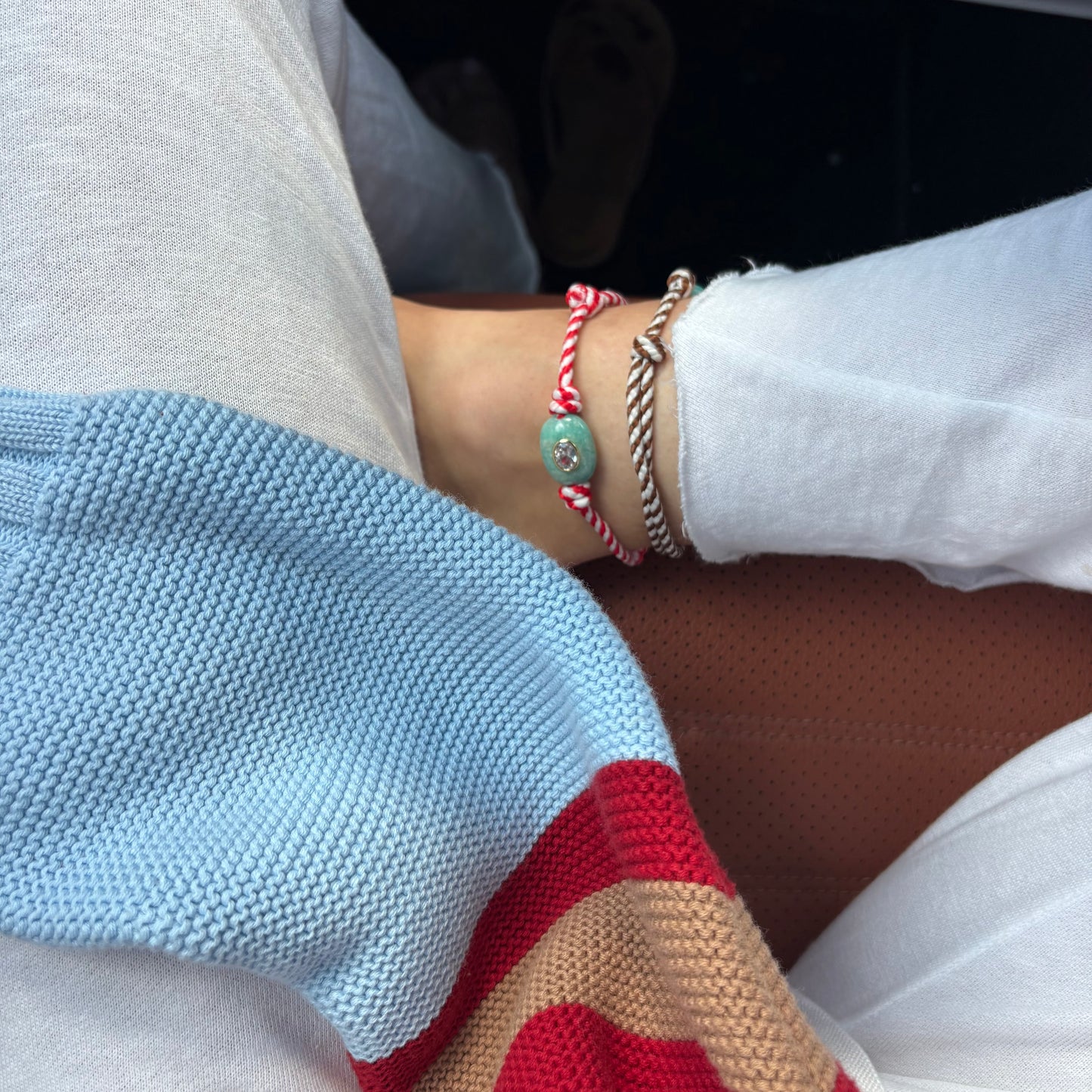 Red stripe cord anklet with amazonite stone