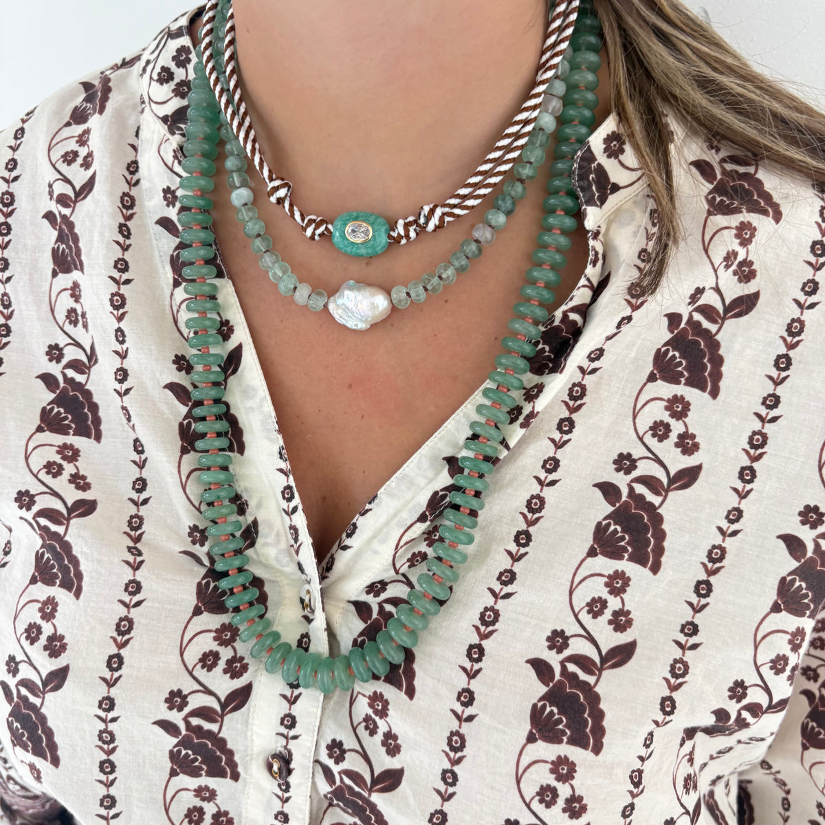Brown stripe cord necklace with blue Amazonite stone