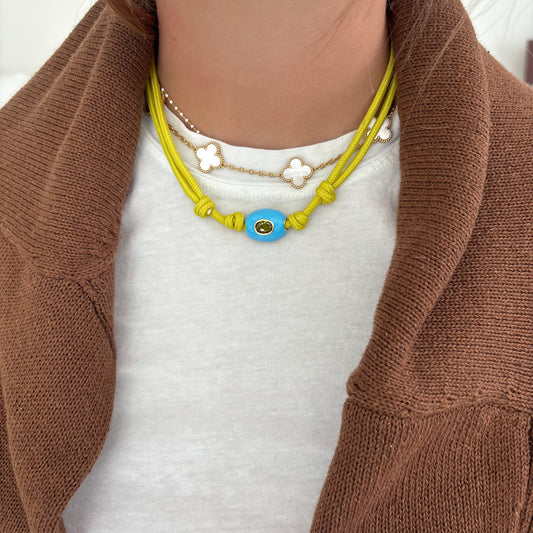 Chartreuse cord necklace with blue stone sold out - this is a preorder ships Sept 11