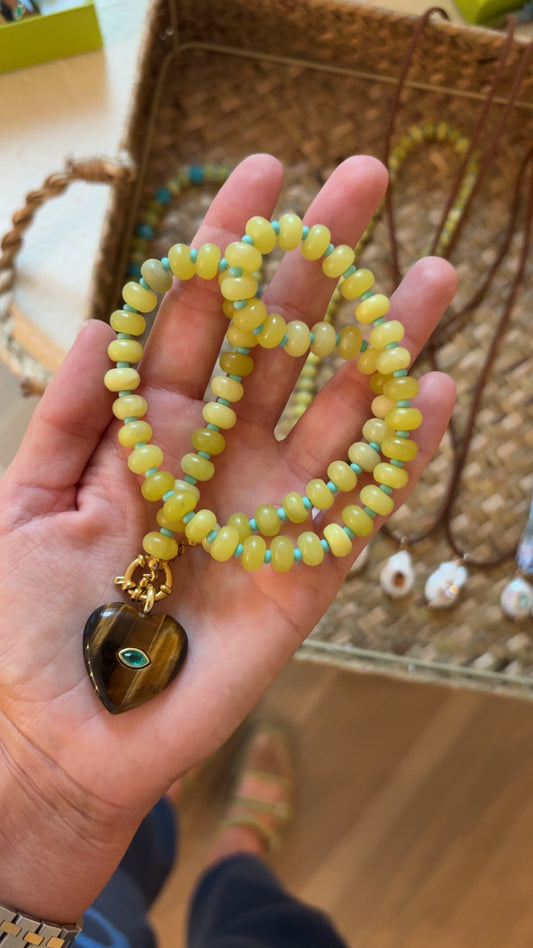 Chartreuse stone necklace with tigers eye heart charm