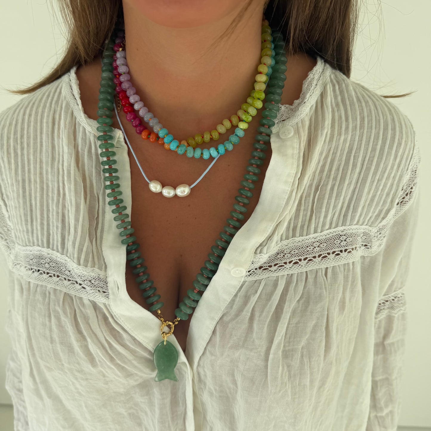Catch of the day long necklace with green fish charm