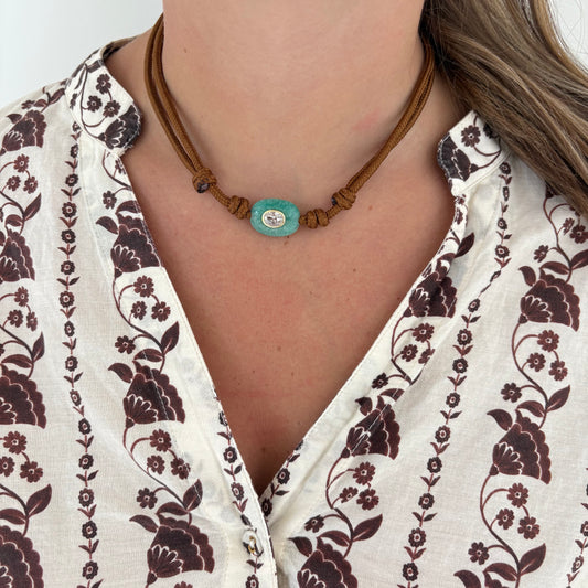 Chocolate brown cord necklace with blue Amazonite stone