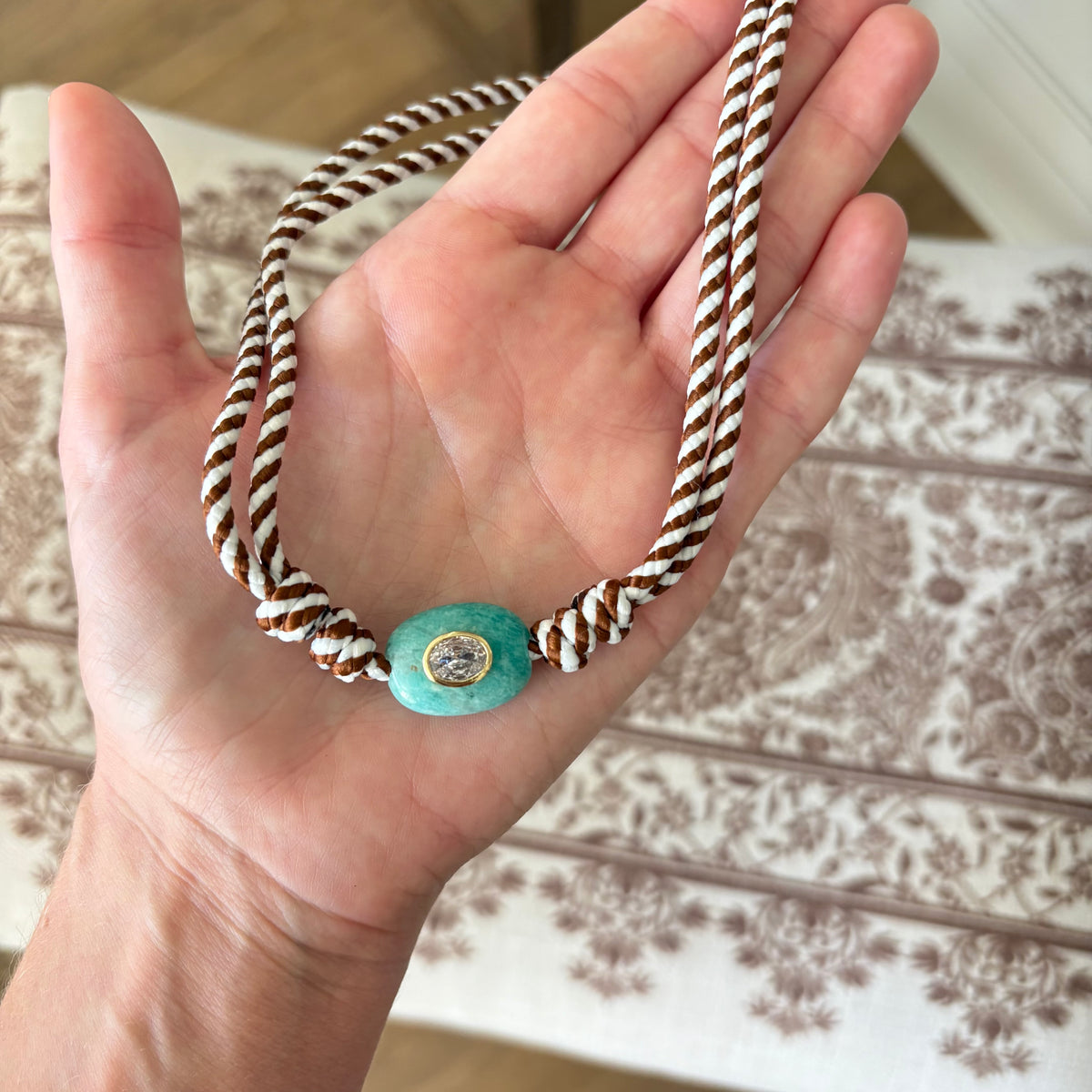Brown stripe cord necklace with blue Amazonite stone