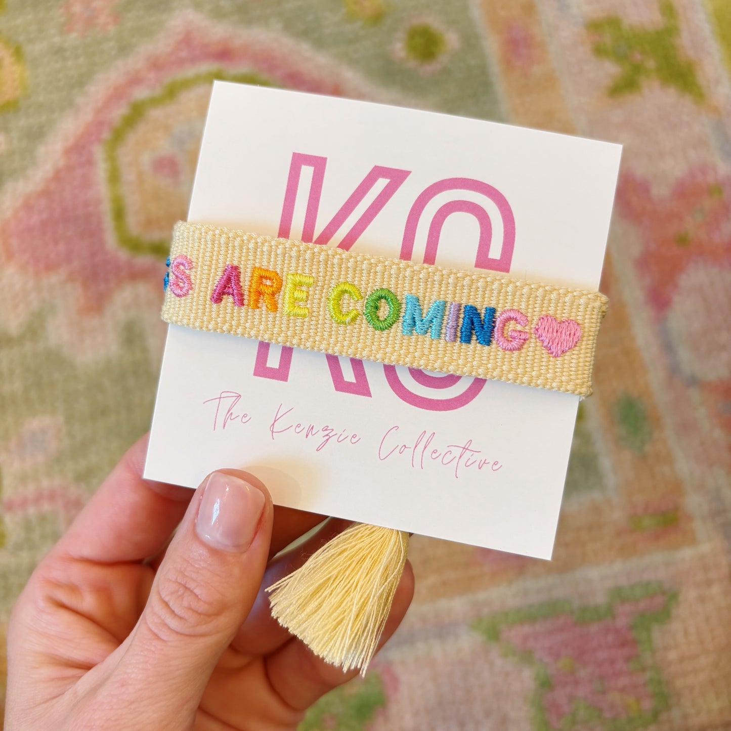 Good things are coming embroidered tassel bracelet