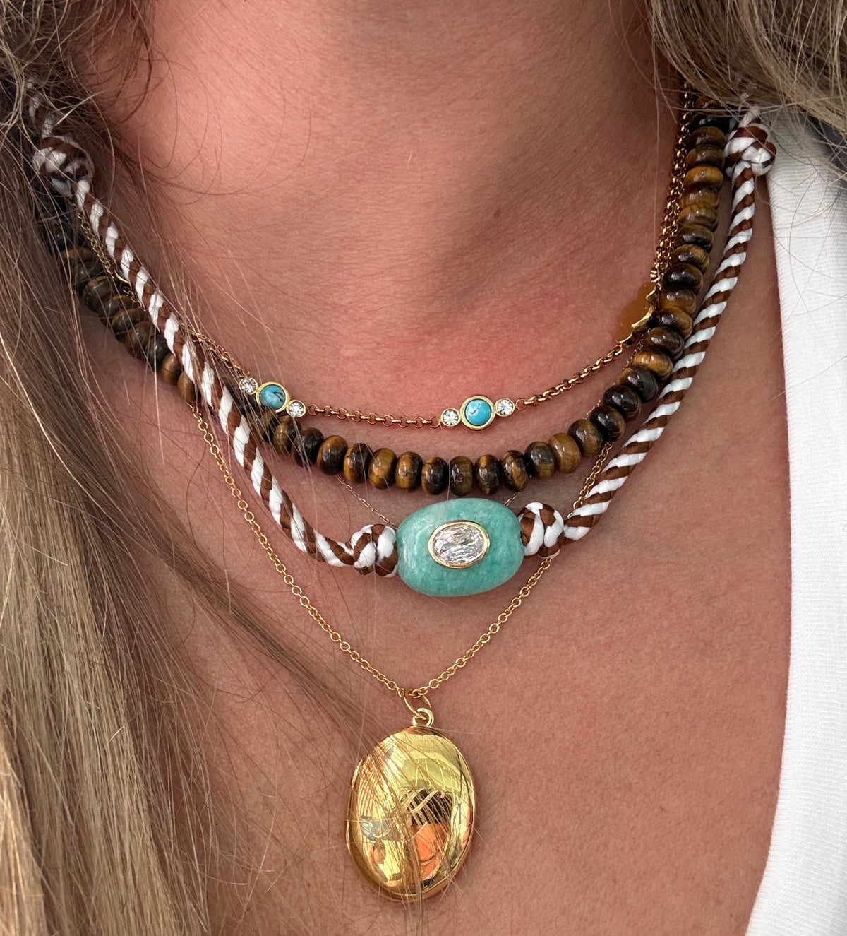 Brown stripe cord necklace with blue Amazonite stone