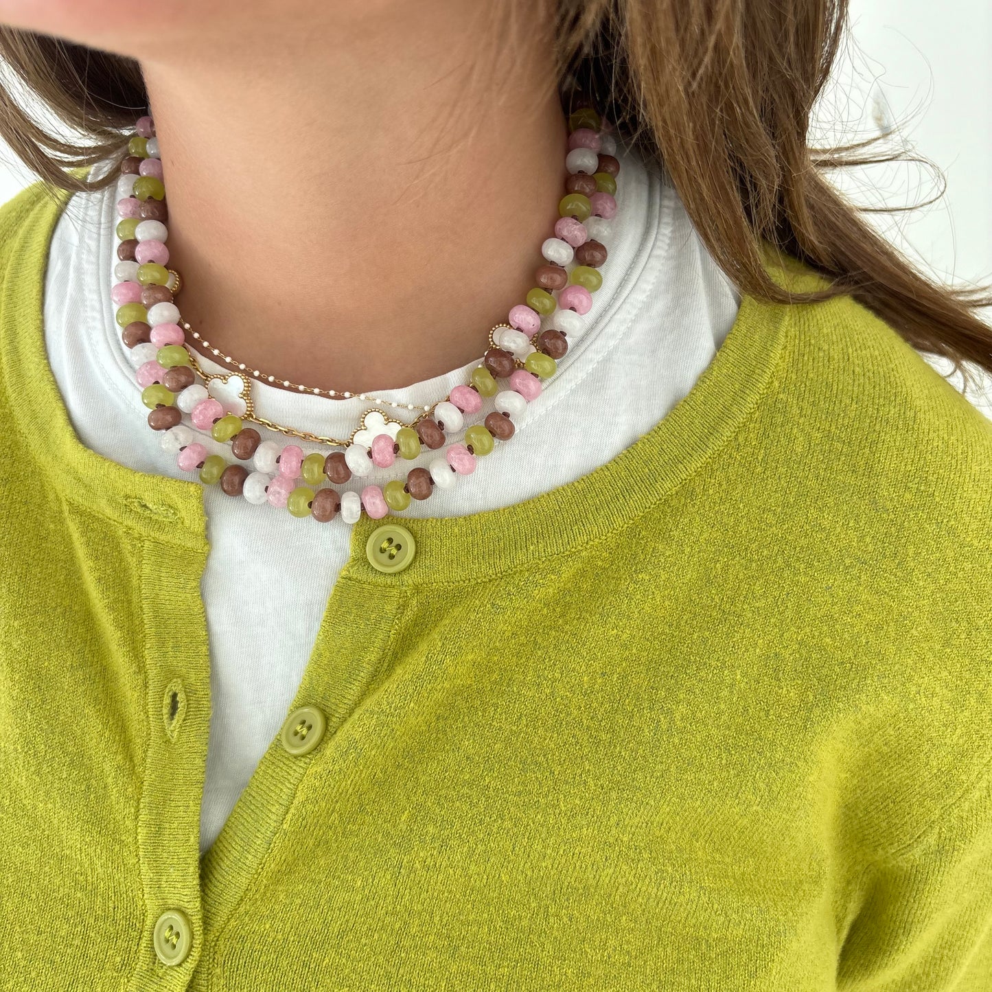 Celia hand knotted necklace chartreuse brown and pink stones