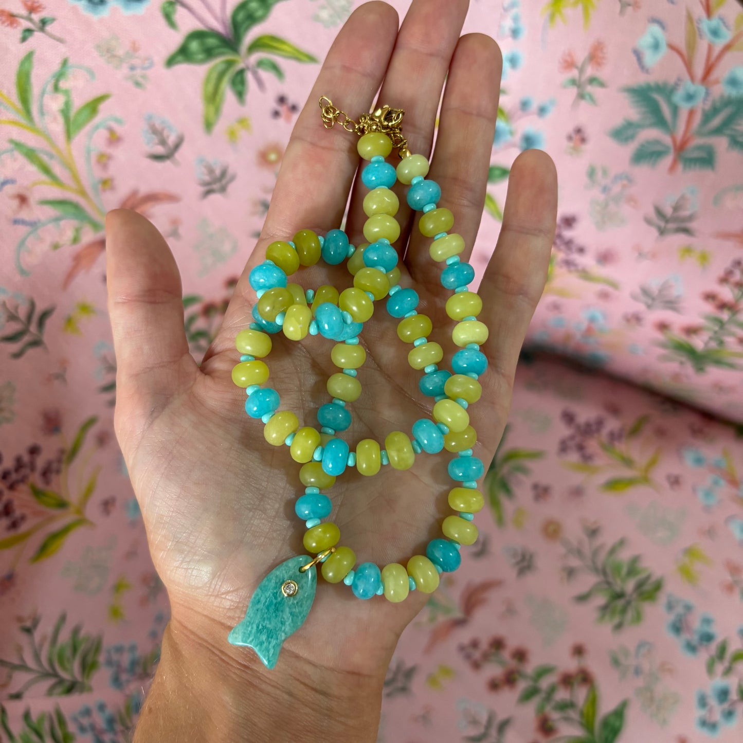 Lala fish necklace chartrteuse and blue