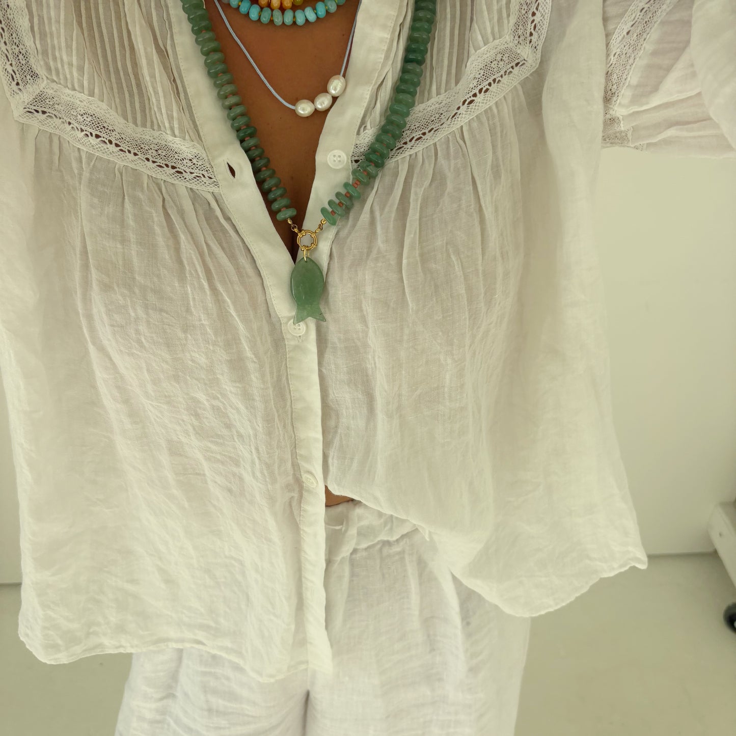 Catch of the day long necklace with green fish charm
