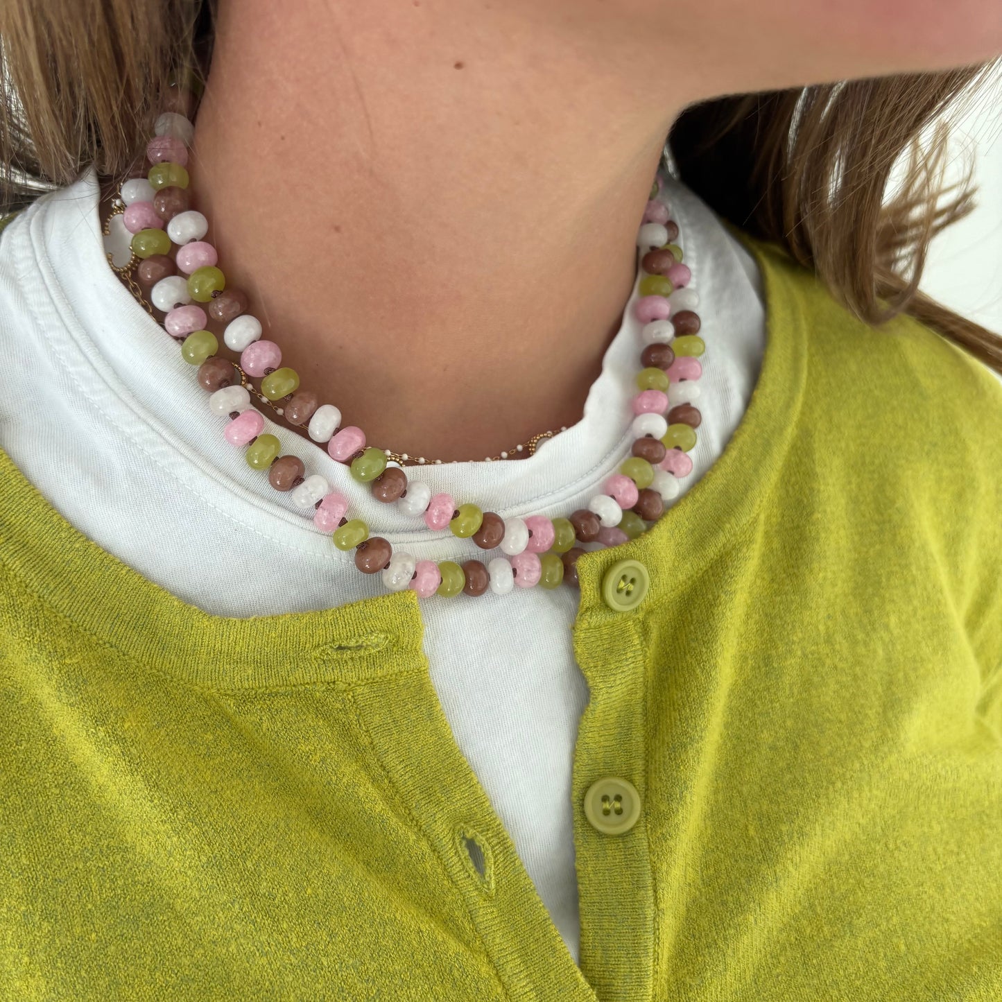 Celia hand knotted necklace chartreuse brown and pink stones