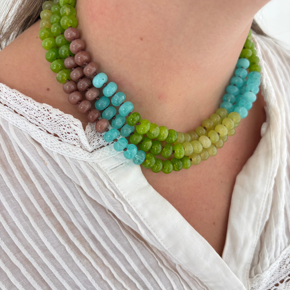 Corrine green and blue hand knotted necklace