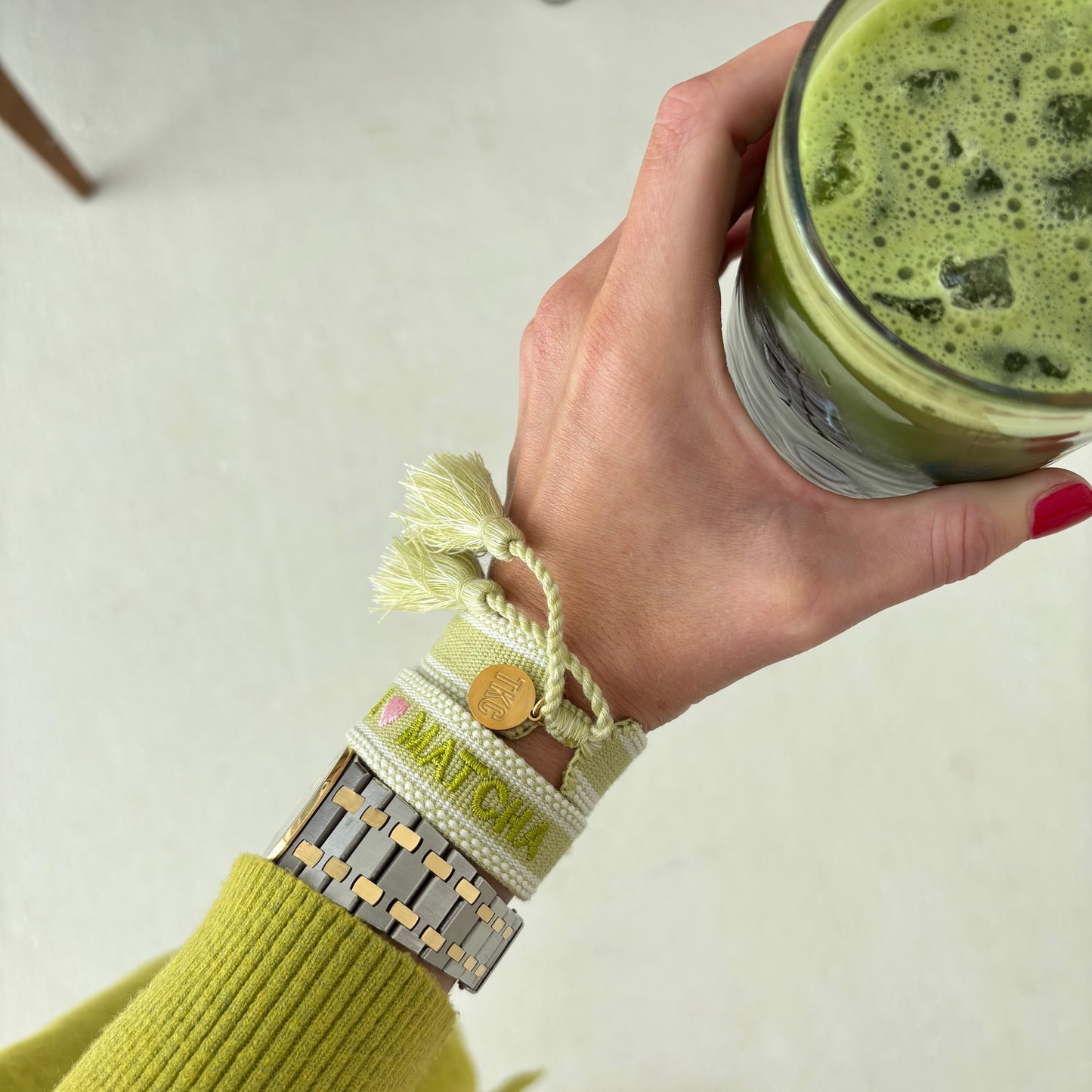 I love matcha embroidered tassel bracelet