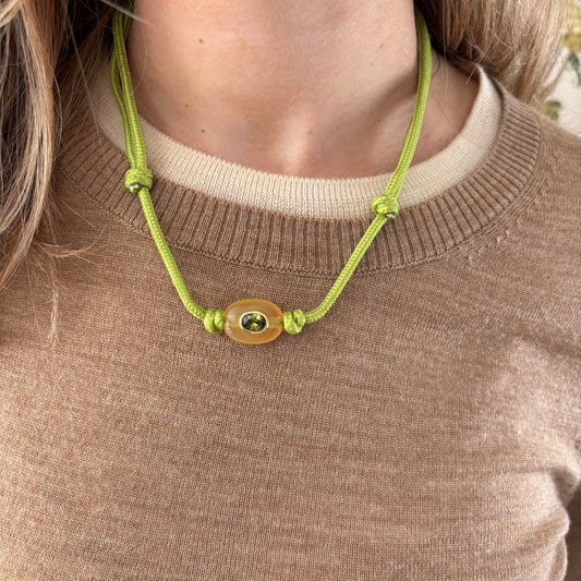 Green cord necklace with natural brown stone