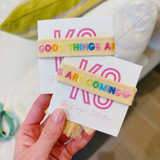 Good things are coming embroidered tassel bracelet