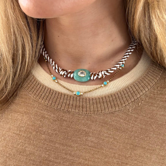 Brown stripe cord necklace with blue Amazonite stone