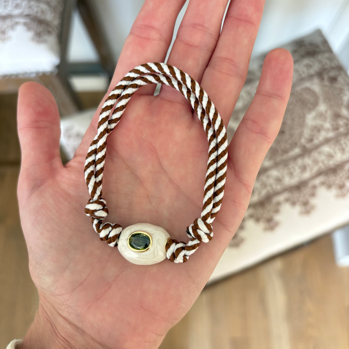 Brown stripe cord anklet / bracelet with white stone