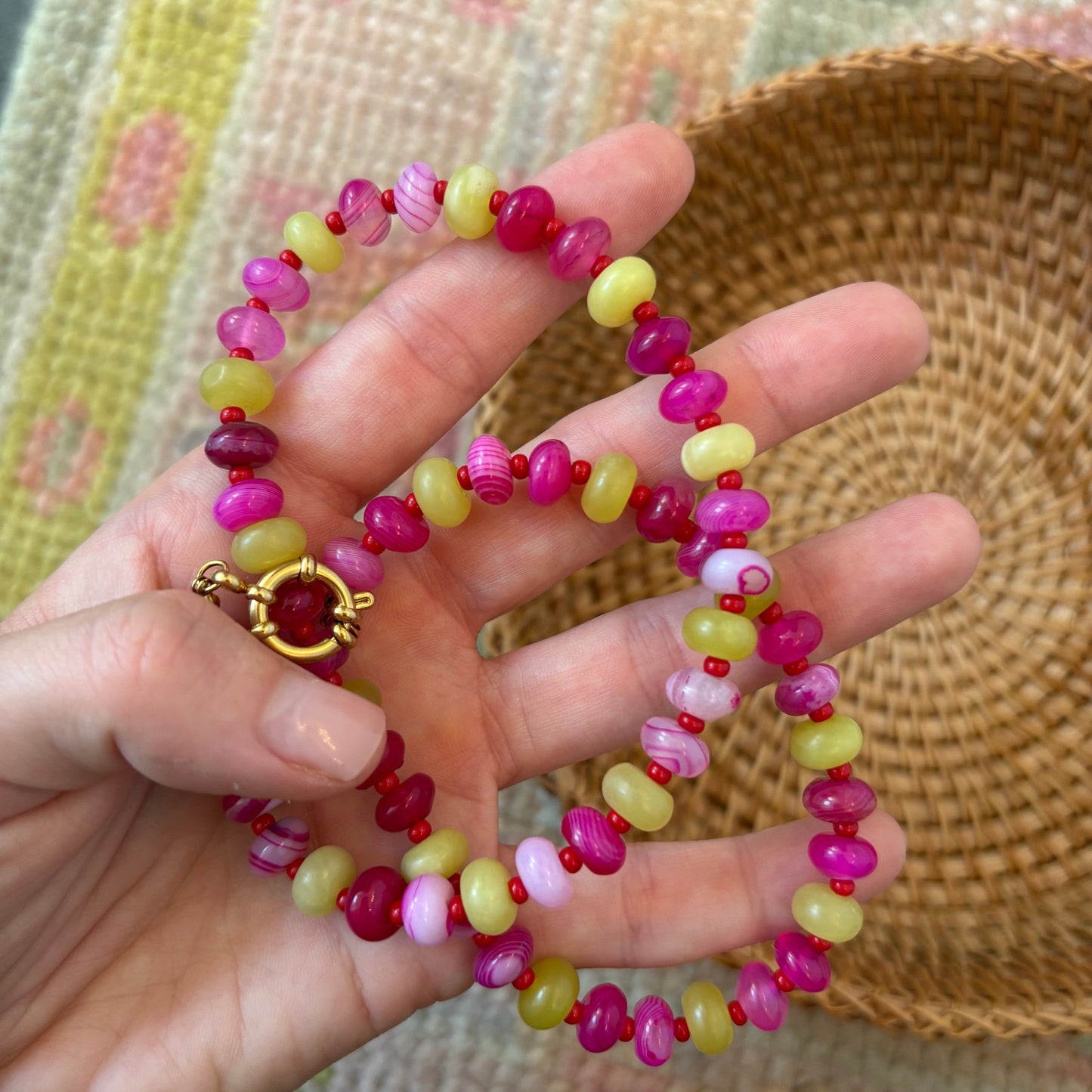 Holly necklace pink and chartreuse stone