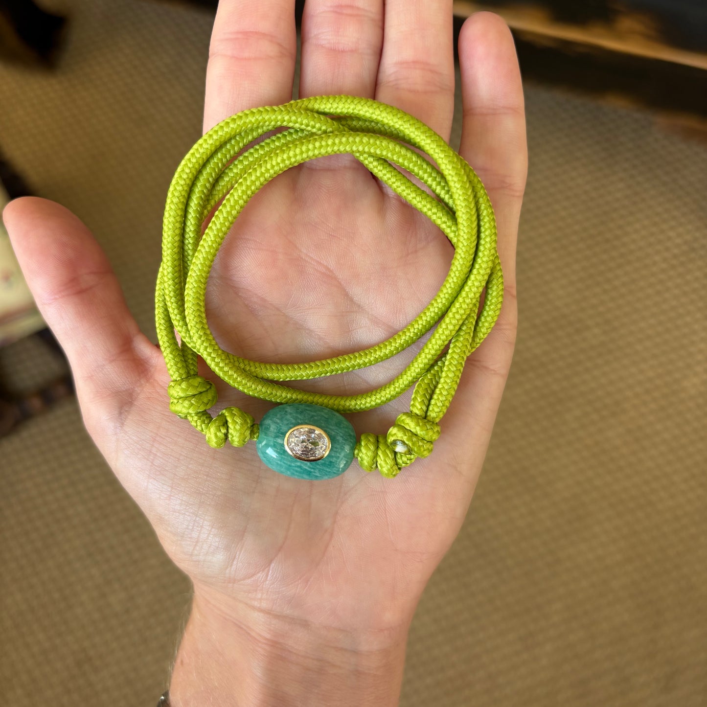 Green cord necklace with blue Amazonite stone
