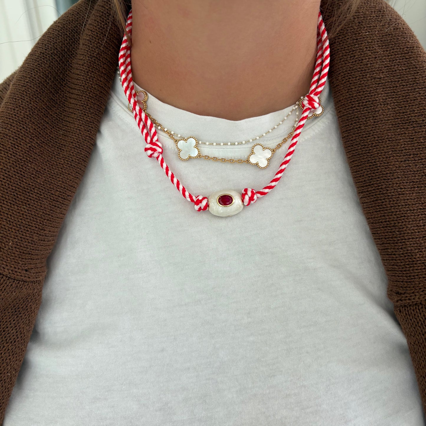 Red striped cord necklace