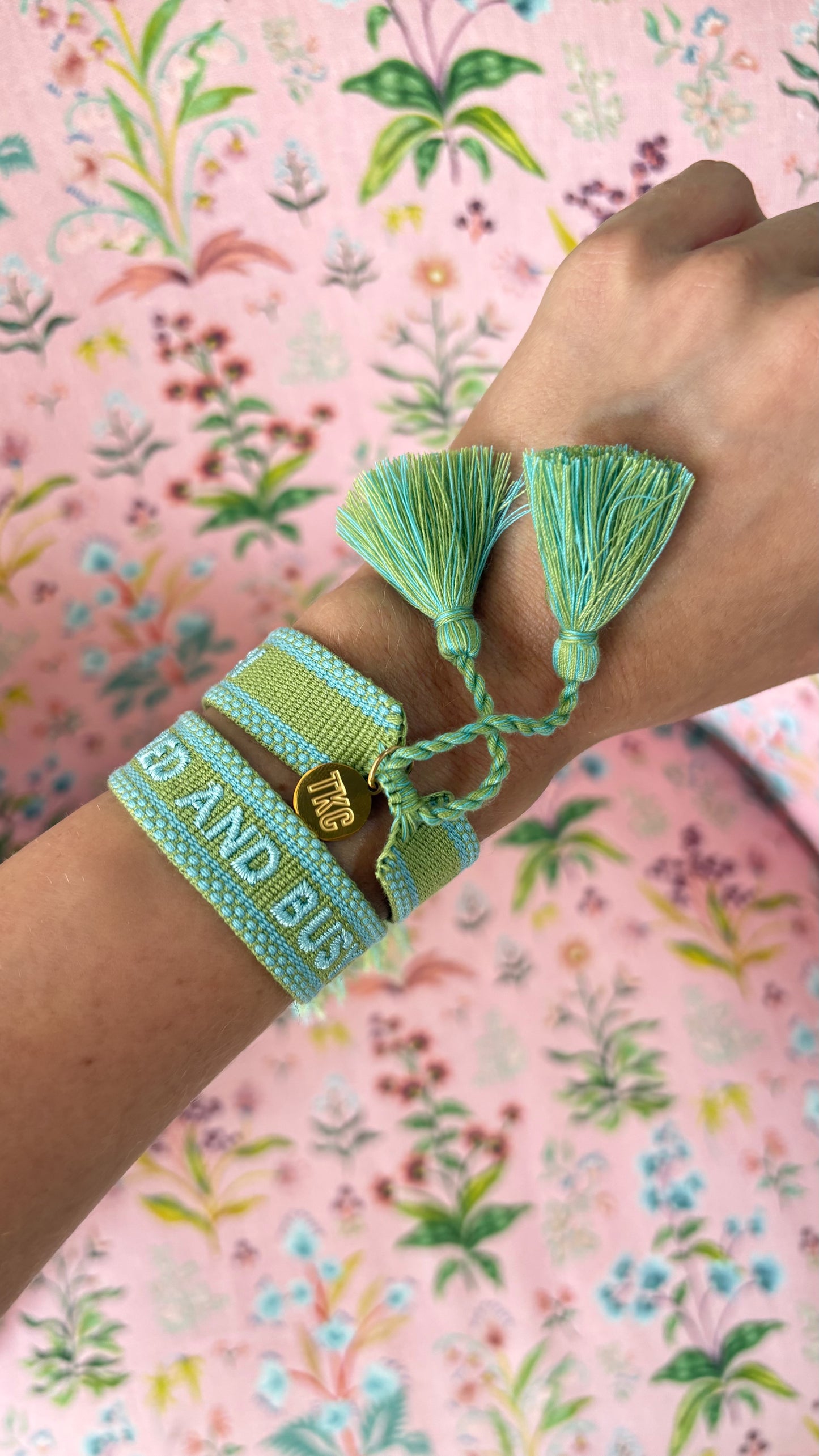 Booked and busy embroidered tassel bracelet green and blue