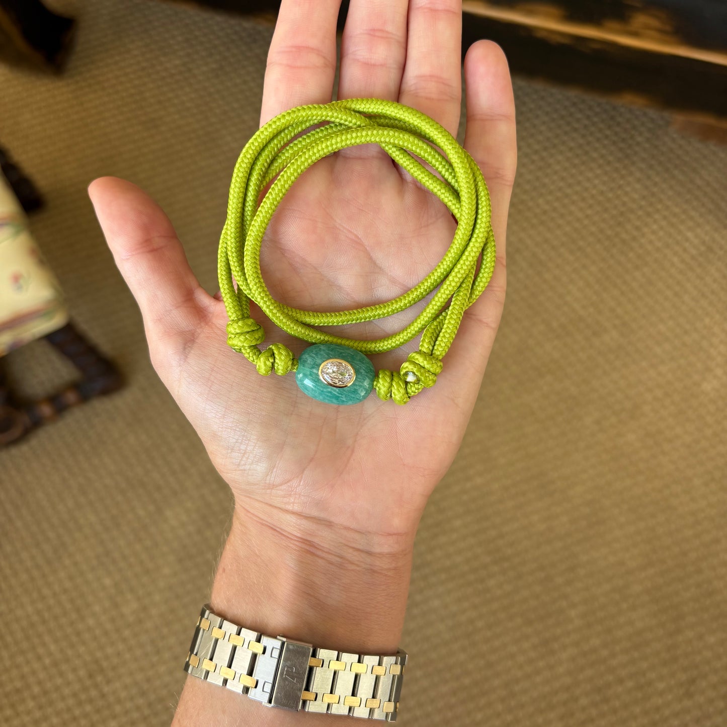 Green cord necklace with blue Amazonite stone
